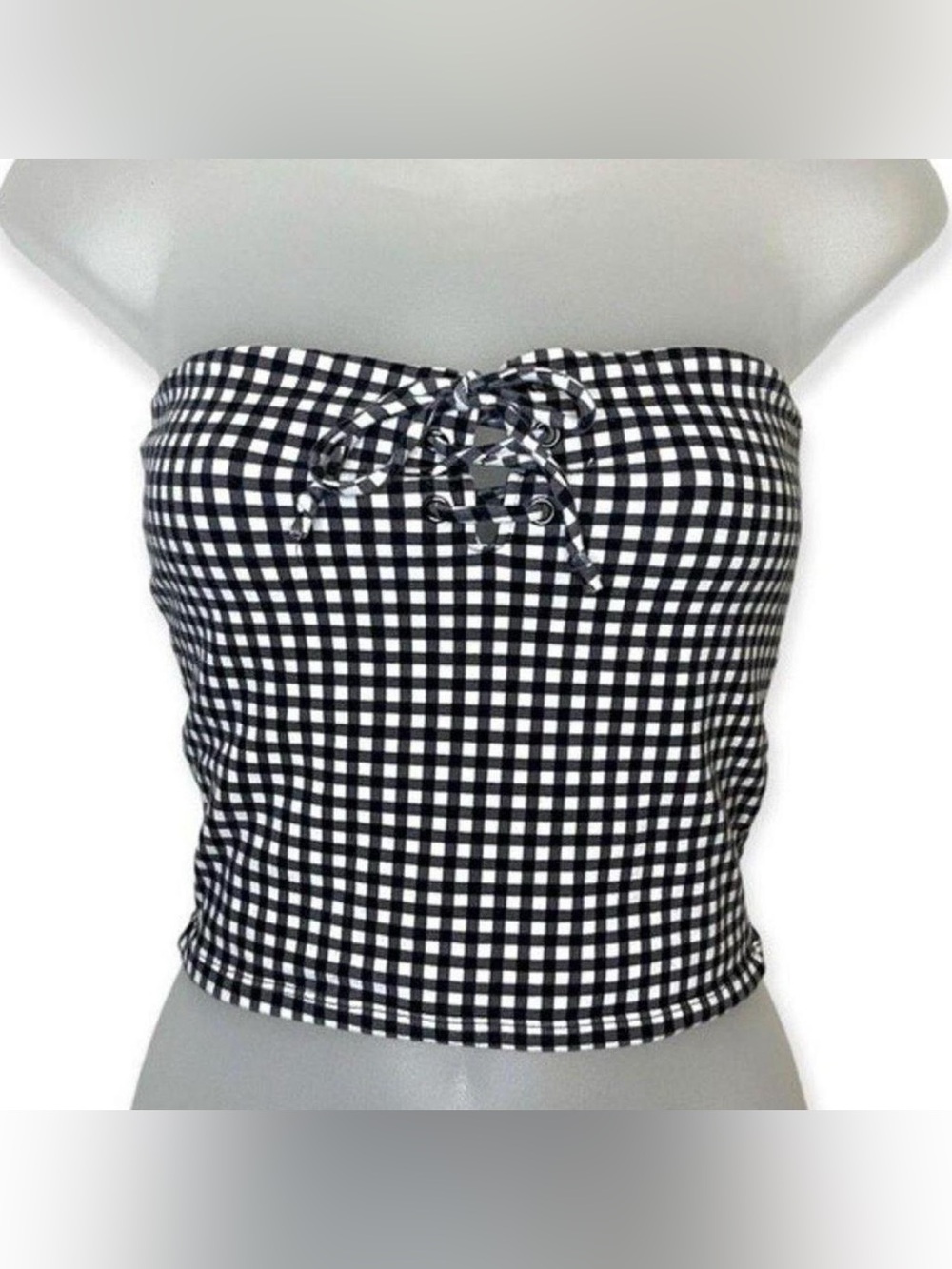 Me to We Gingham Lace Up Strapless Crop Top Black White Size S